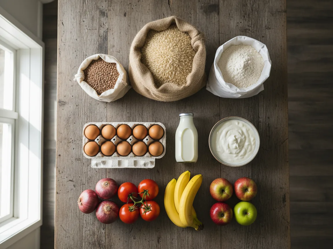 A weekly family grocery bundle of rice, lentils, flour, eggs, milk, yogurt and fresh produce laid out on a kitchen table
