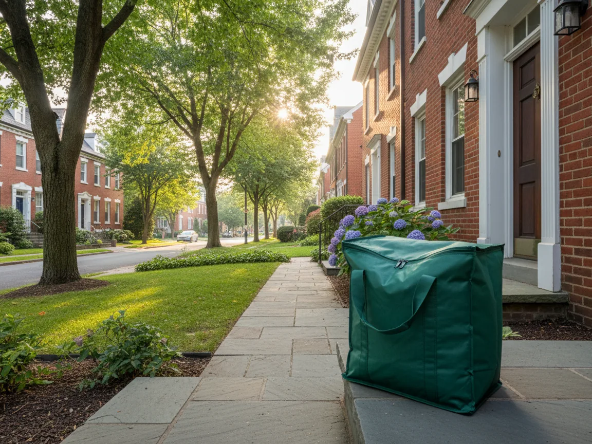 A green insulated grocery delivery bag on the doorstep of a brick townhouse on a tree-lined Ontario street