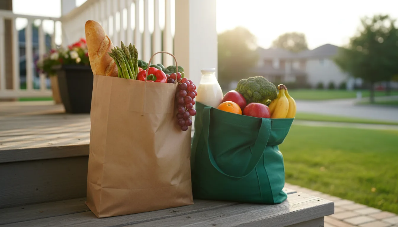 Grocery bags filled with fresh vegetables, fruit, bread and milk on the front step of a suburban Ontario home