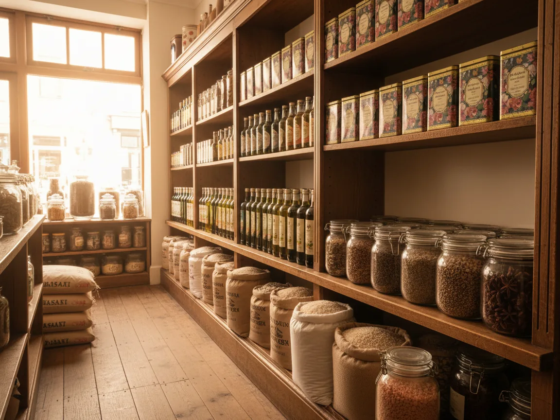 Grocery shelves stocked with sacks of basmati rice, jars of lentils and spices, and cooking oils