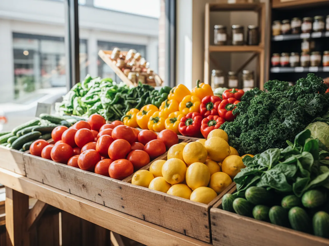 Crates of ripe tomatoes, peppers, leafy greens and lemons in a neighbourhood grocery store