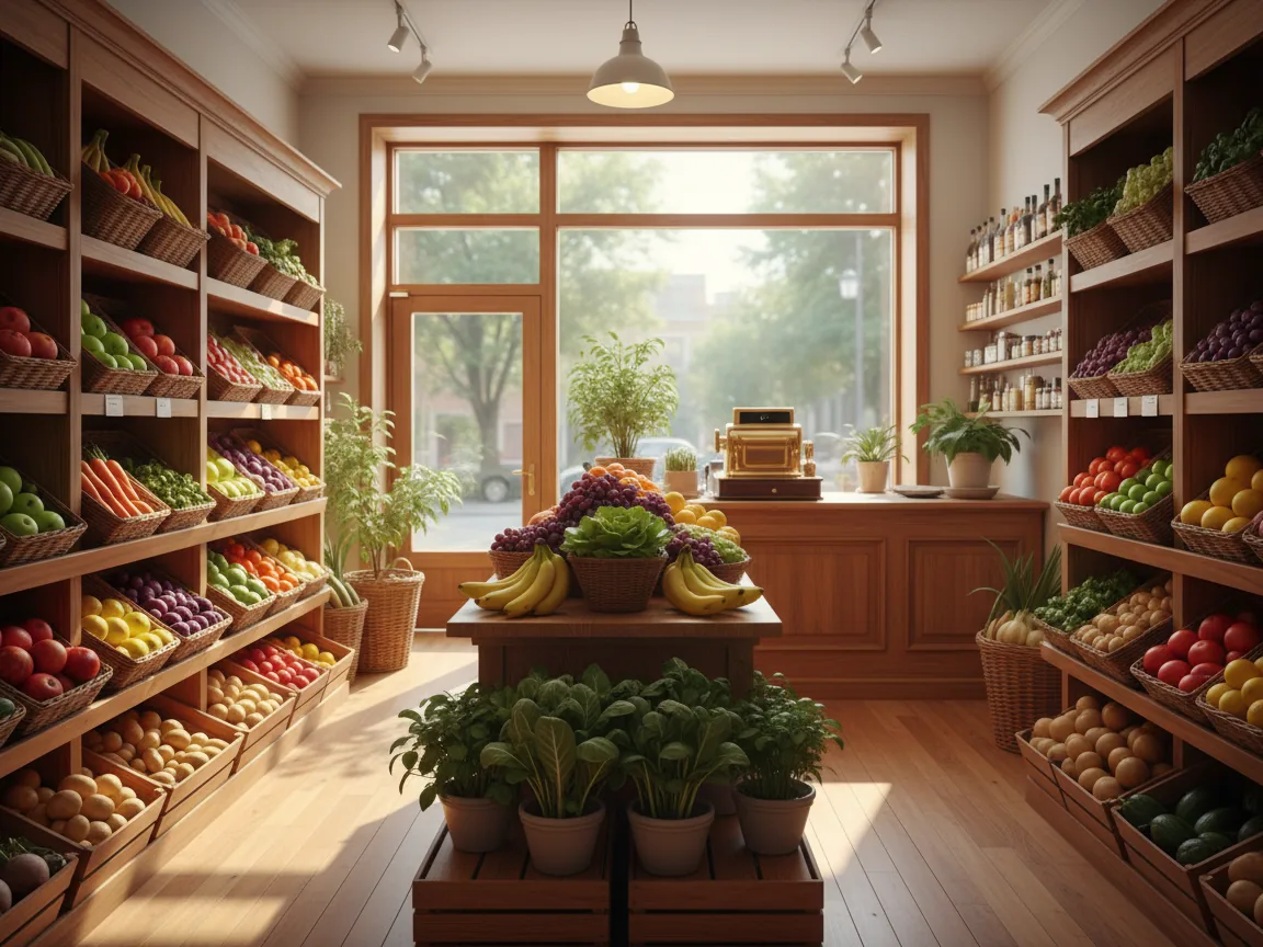 Inside a small, bright neighbourhood grocery store with wooden shelving and baskets of fresh fruit and vegetables